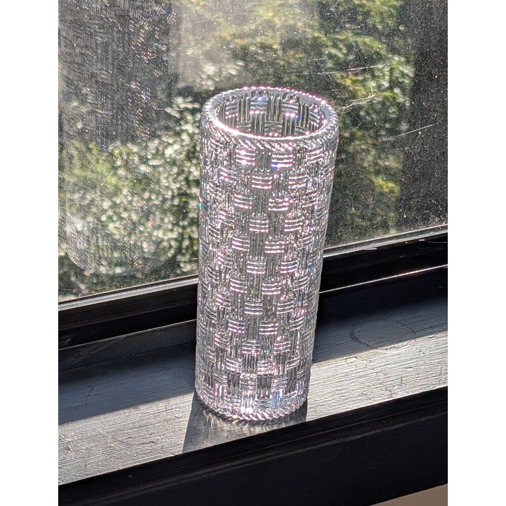 Tiffany & Co. 8" Basketweave Cylinder Crystal Glass Vase